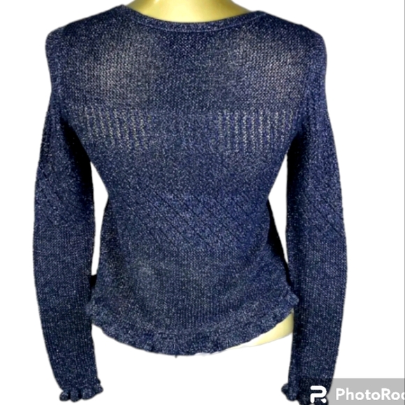 American Eagle Crewneck Ruffle Trim Blue Metallic Knit Sweater - Picture 3 of 9